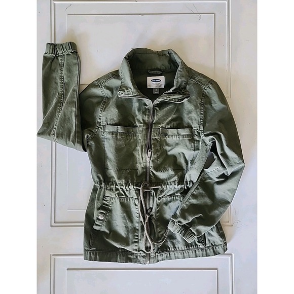 Old Navy Jackets & Blazers - Old Navy Hip-Length Army Olive Green‎ Cotton Twill Jacket Drawstring Waist XS